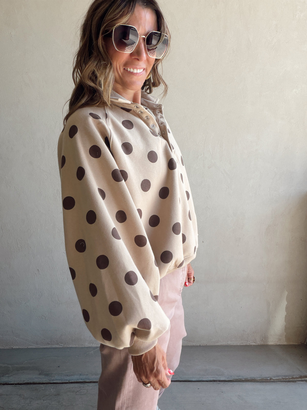 Kaylani Sweatshirt in Taupe & Chocolate Polka Dot