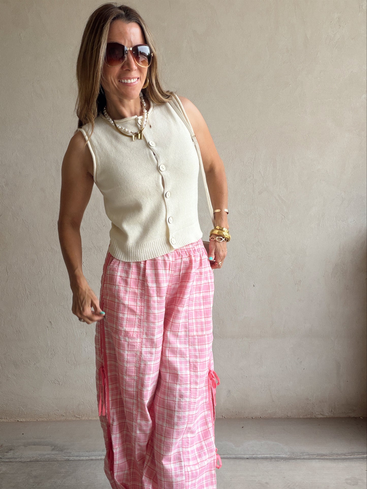 Christine Parachute Pants in Pink Plaid