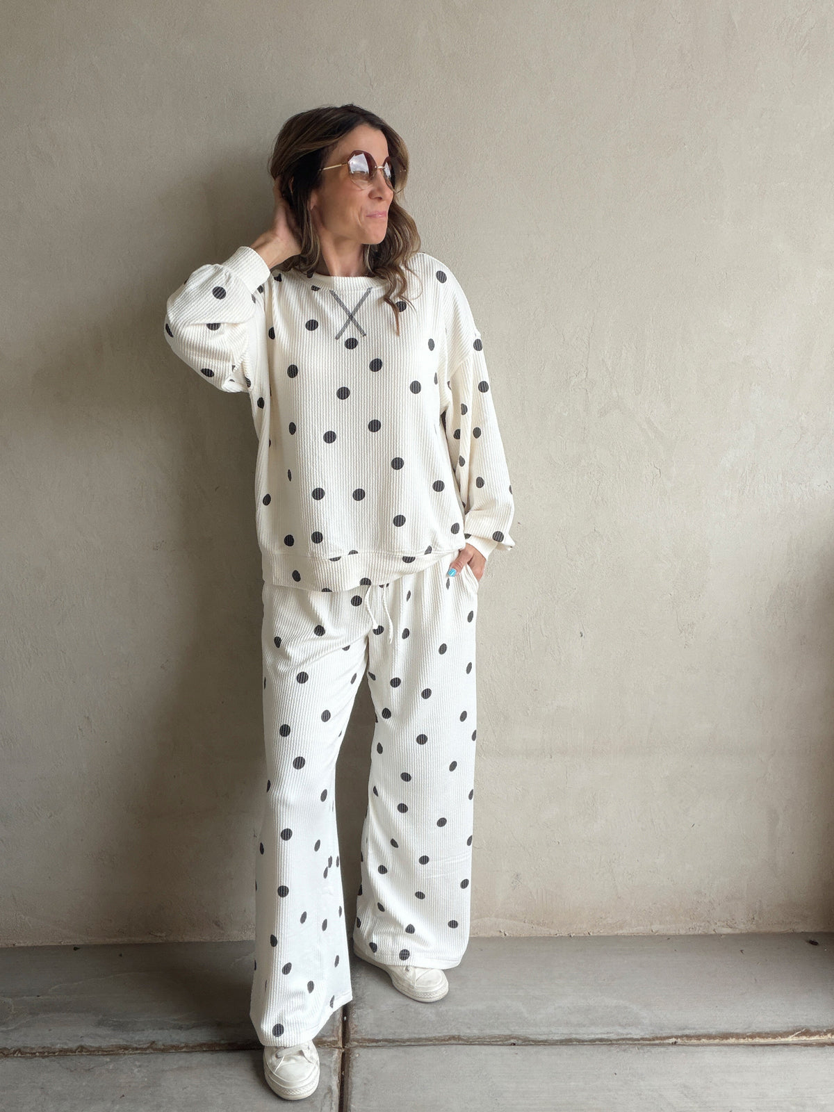 Rylee Ribbed Polka Dot Set in Ecru & Black