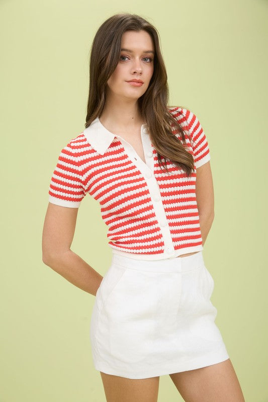 Kelly Red and Cream Collared Striped Top