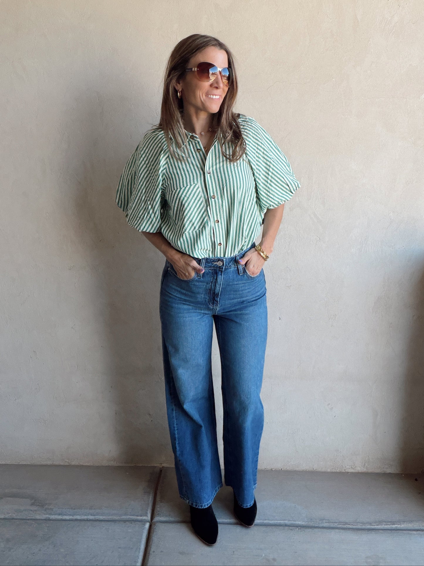 Jess Button Up Top in Green Stripe