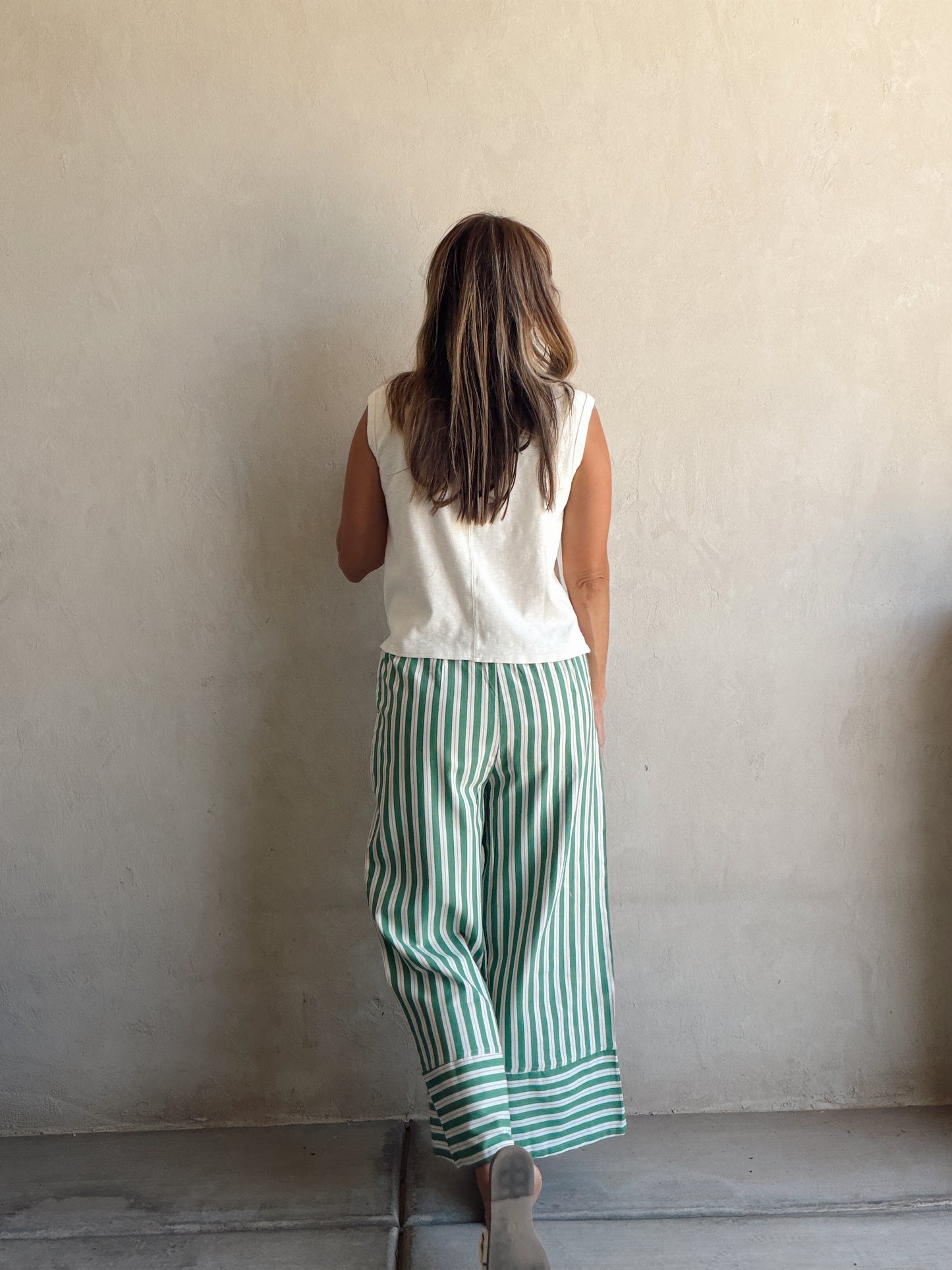 Kyla Drawstring Stripe Linen Pants in Green & Sand