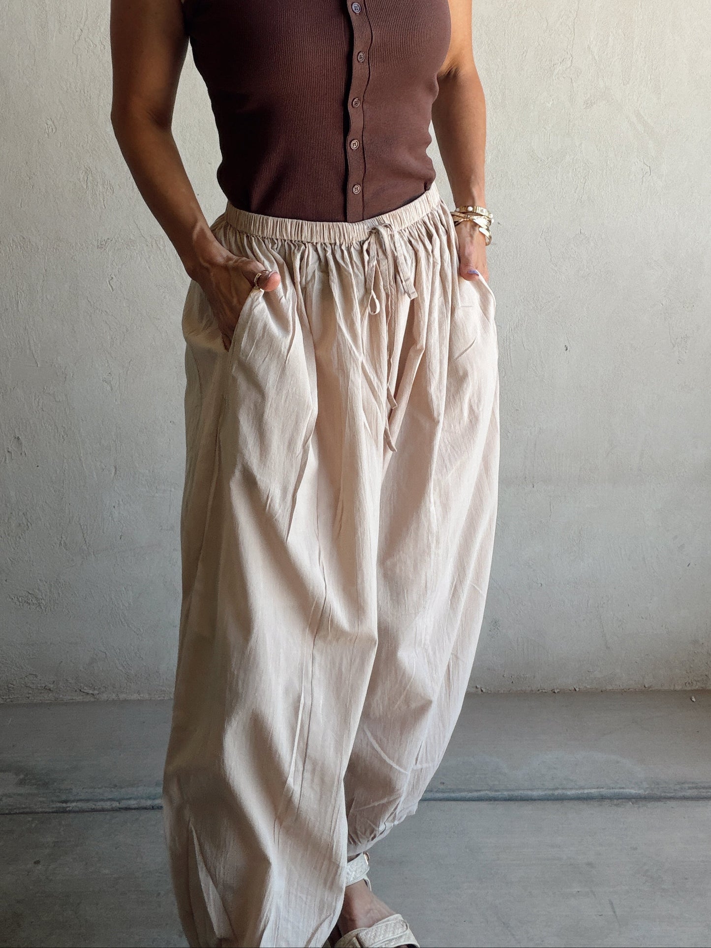 Tara Flowy Parachute Pants in Tan