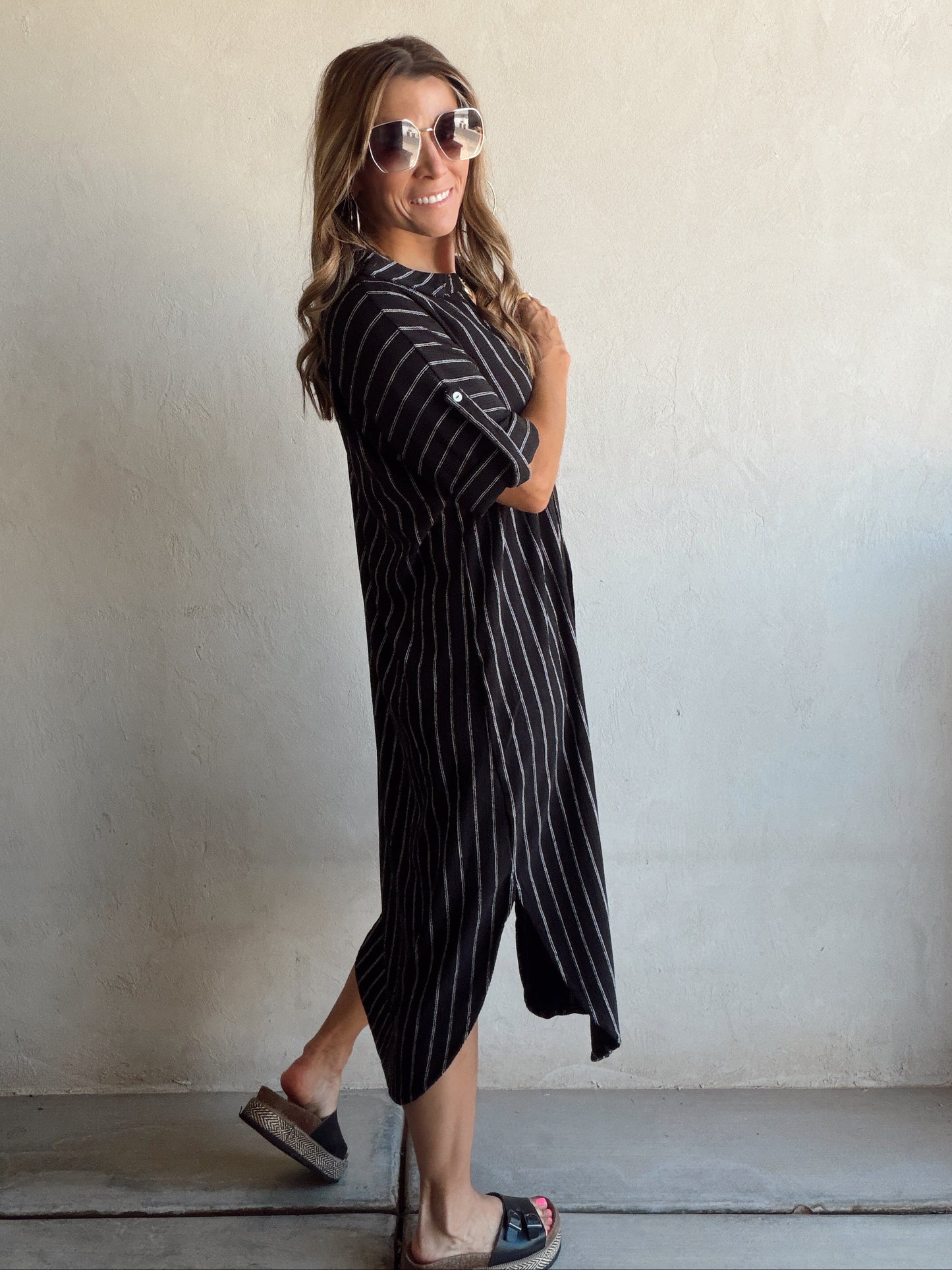 Tia Dress in Black with White Stripes