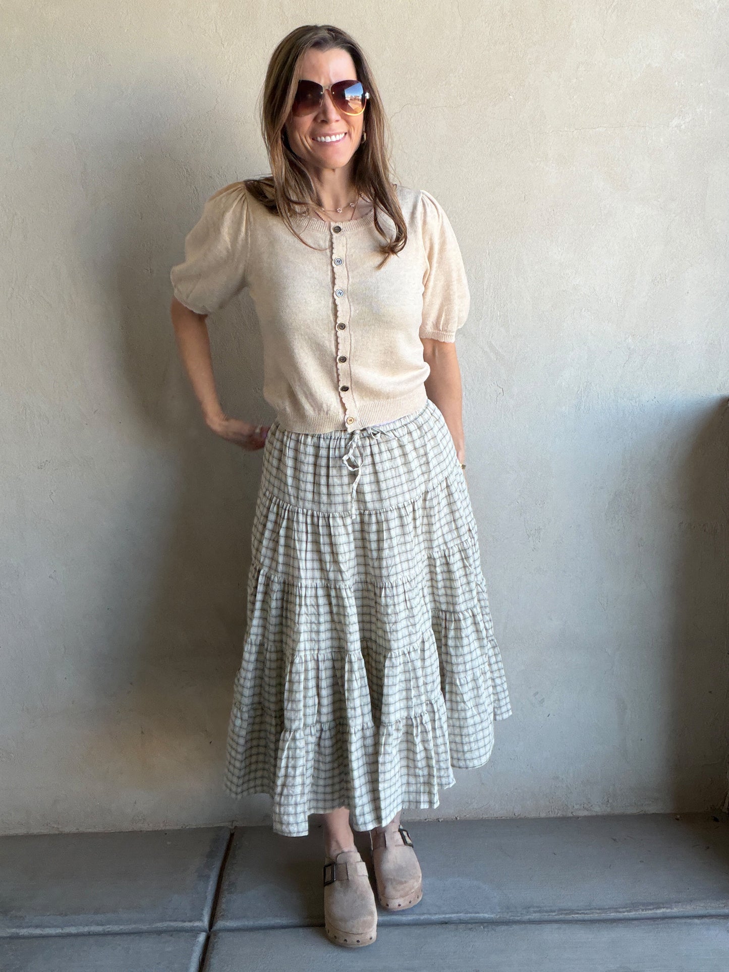 Sadie Midi Skirt in Olive, Tan & Cream