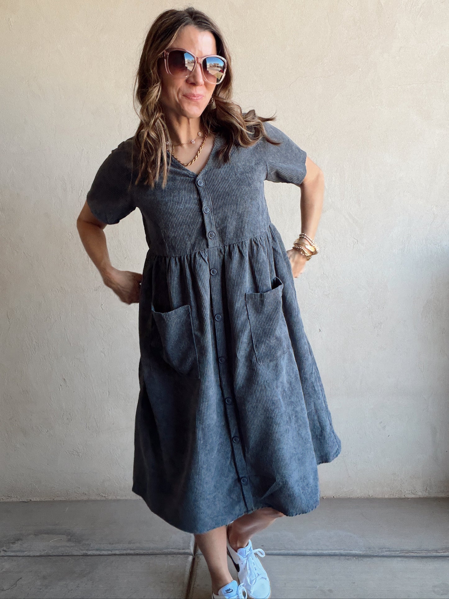 McKayla Corduroy Dress in Slate