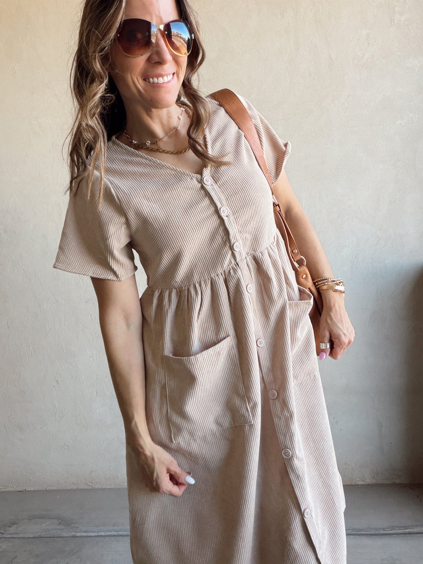McKayla Corduroy Dress in Beige