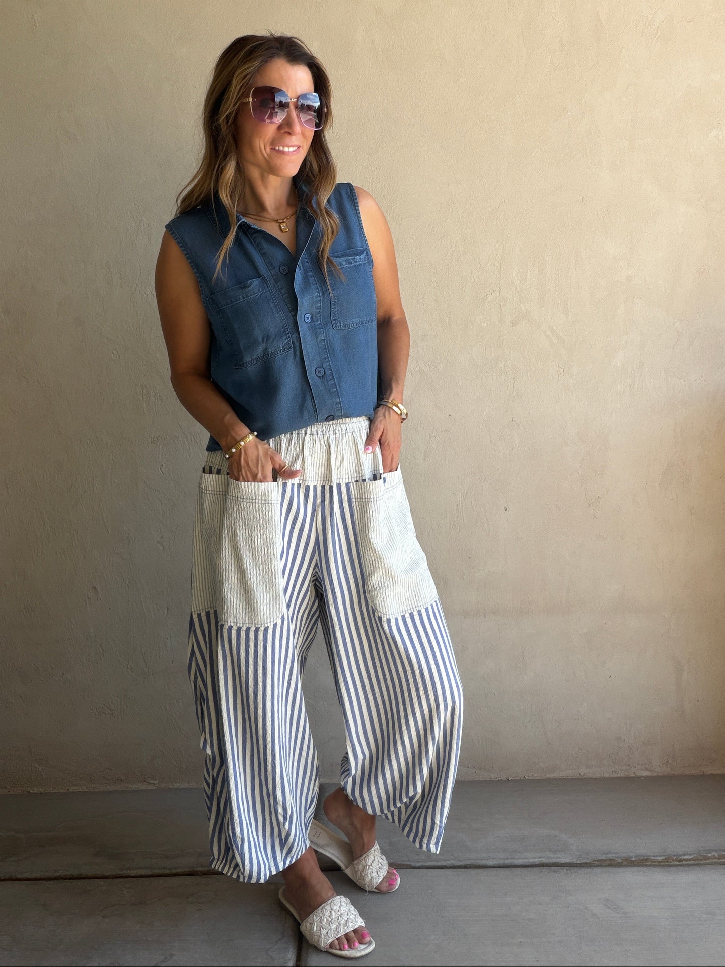 Charley Striped Parachute Pants in Blue & Cream