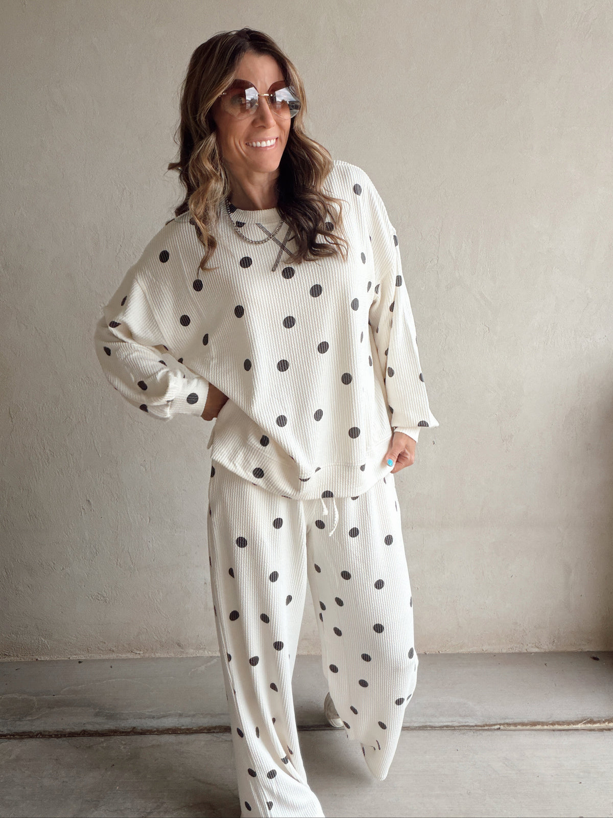 Rylee Ribbed Polka Dot Set in Ecru & Black