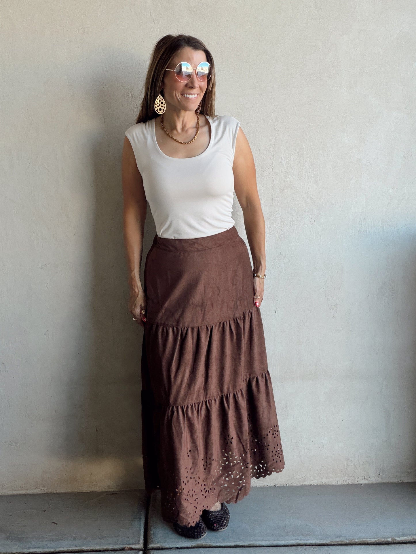 Sophie Suede Eyelet Skirt in Chocolate