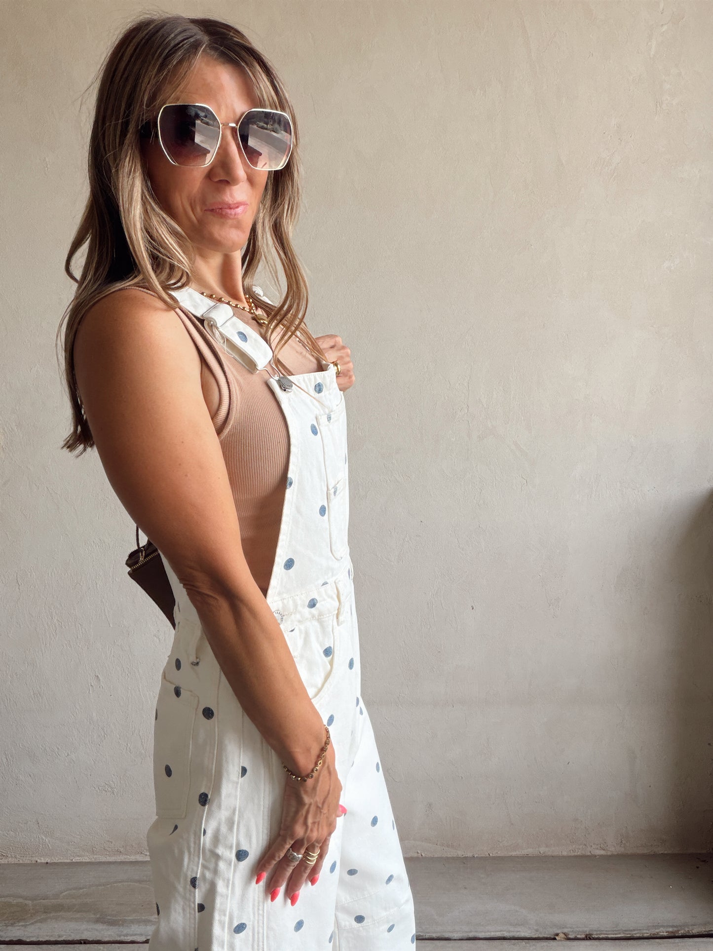 Leah Barrel Overalls in Cream with Blue Polka Dots
