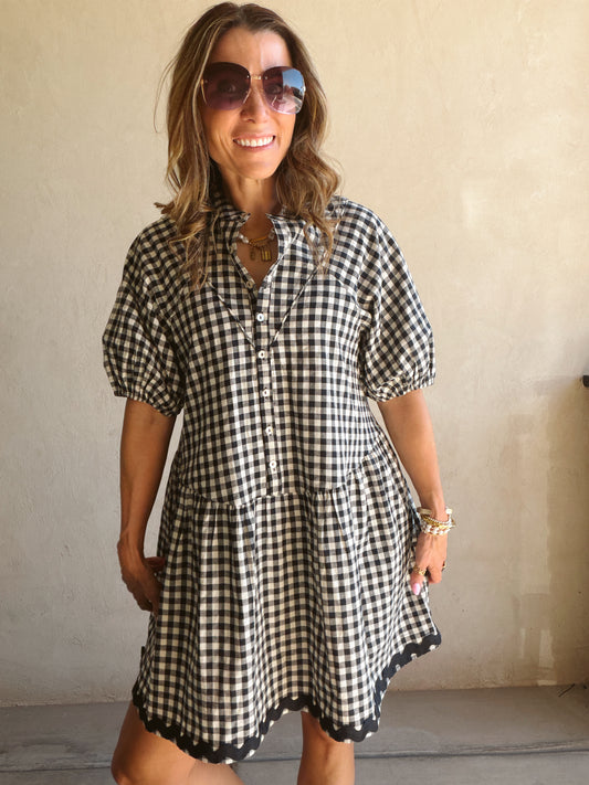Tiered Midi Gingham Dress in Dark Navy