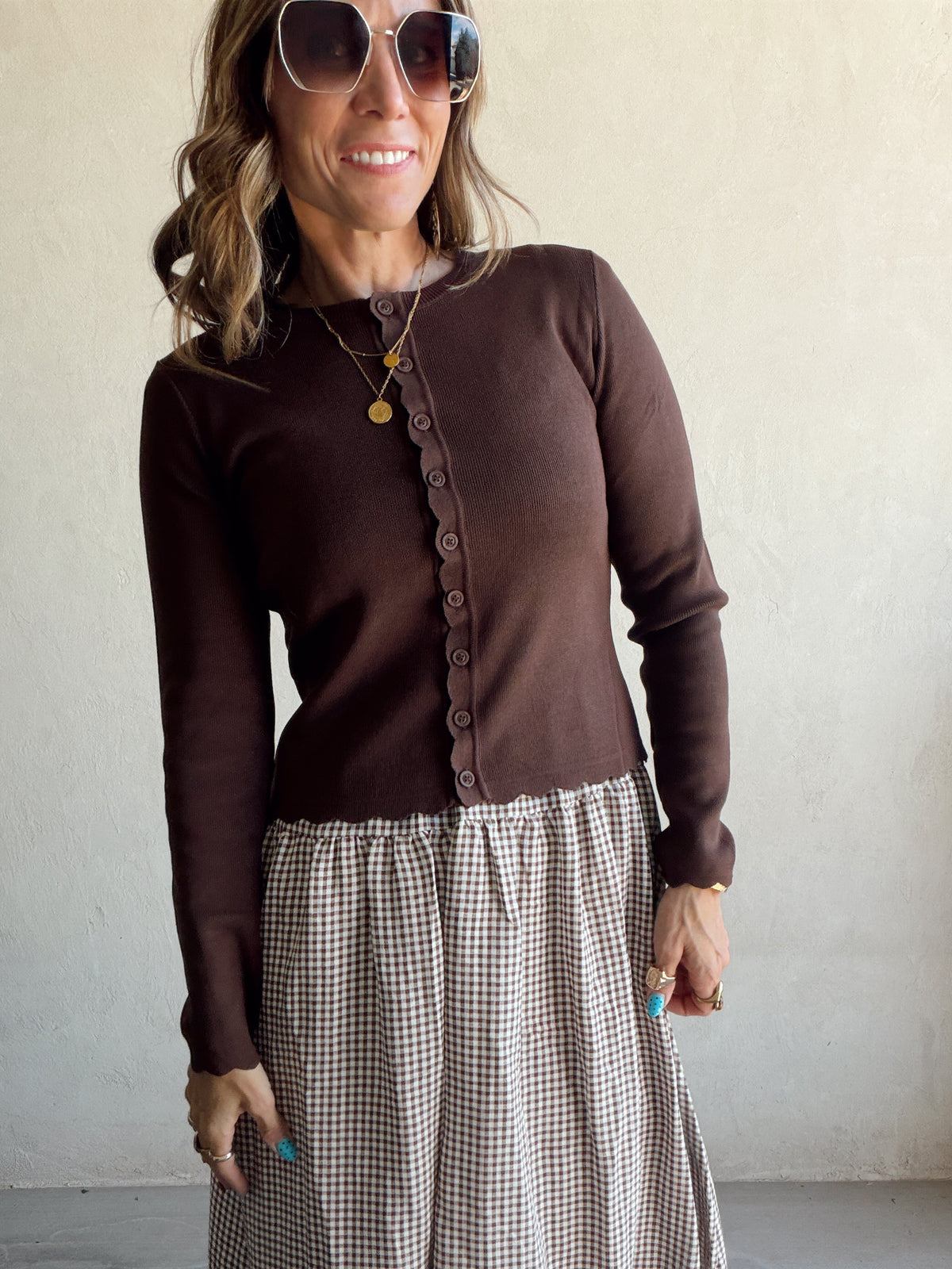 Caroline Scalloped Cardigan in Brown