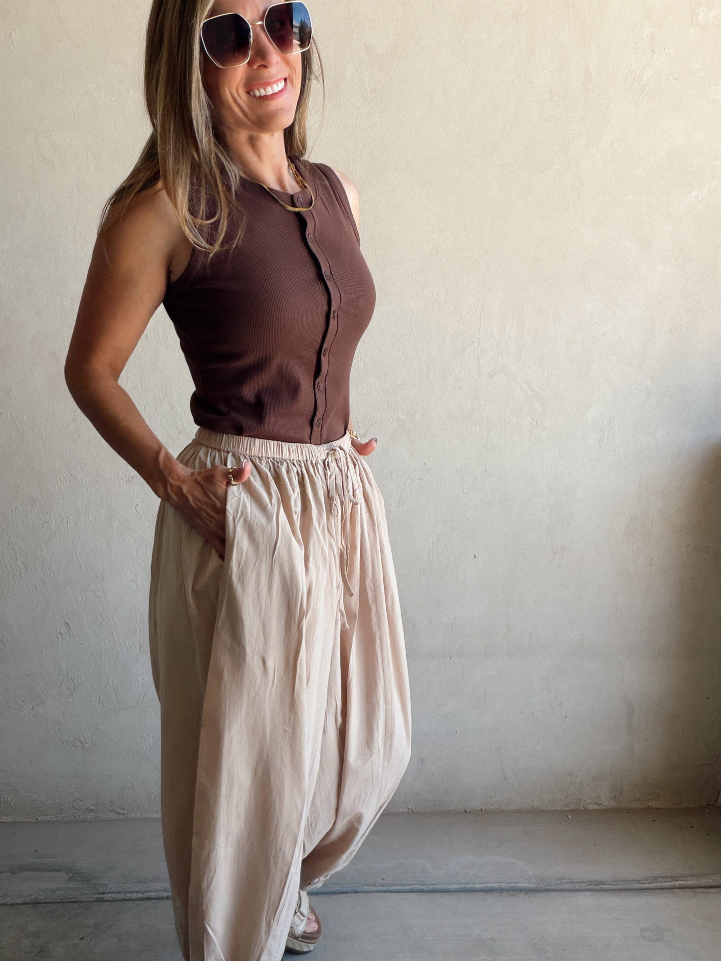 Tara Flowy Parachute Pants in Tan