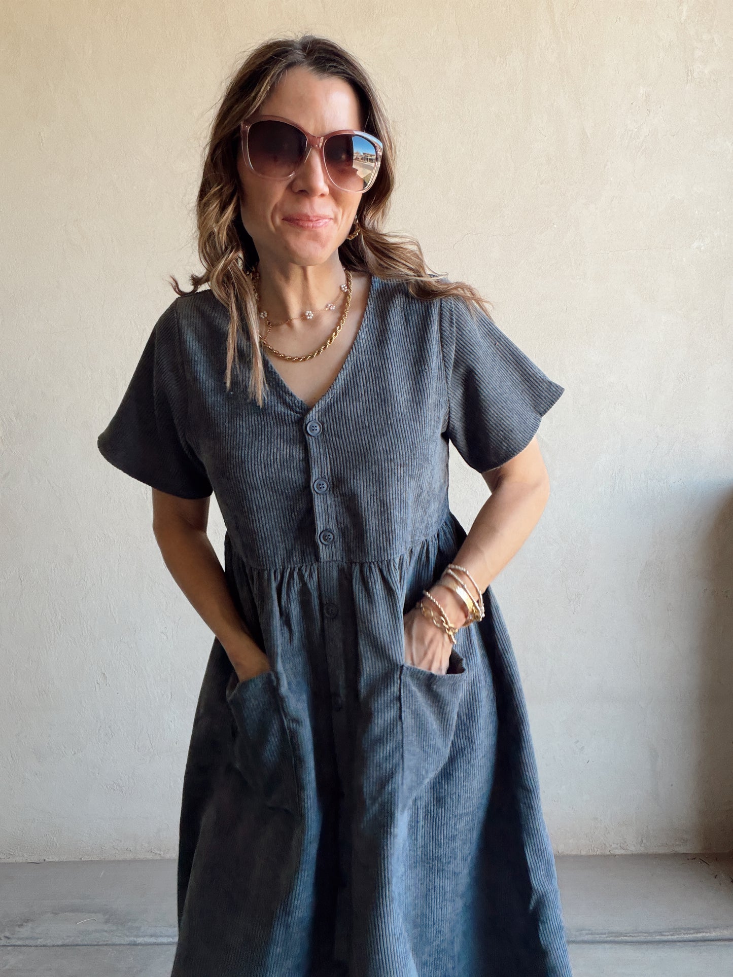McKayla Corduroy Dress in Slate