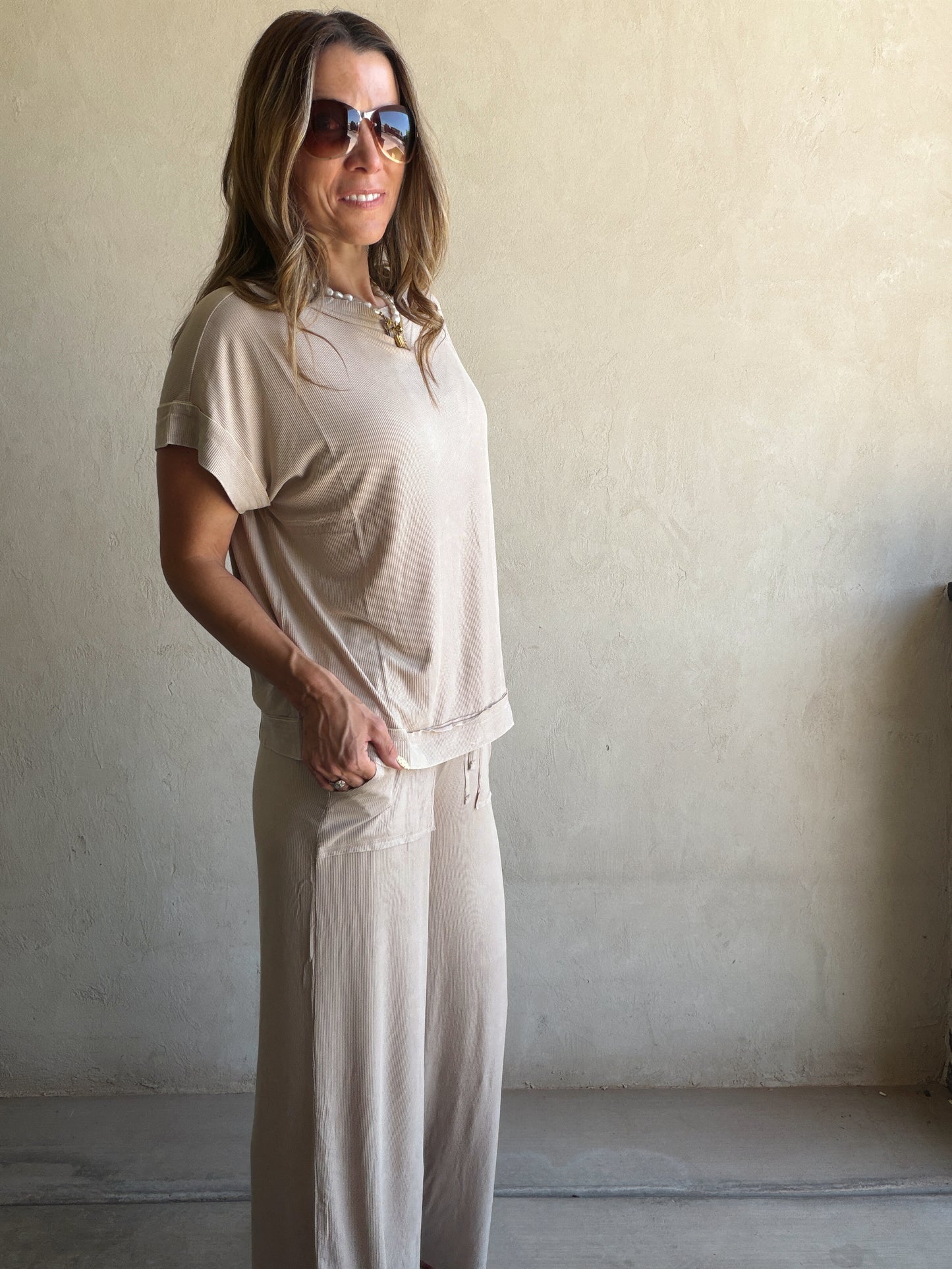 Raelyn Ribbed Mineral Washed Set in Taupe