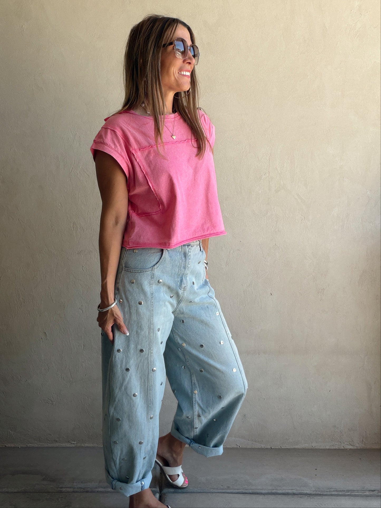 Lydia Light Wash Studded Barrel Jeans