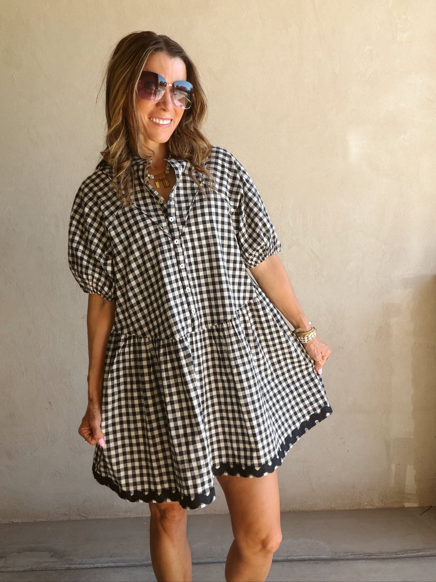 Tyra Tiered Midi Gingham Dress in Dark Navy