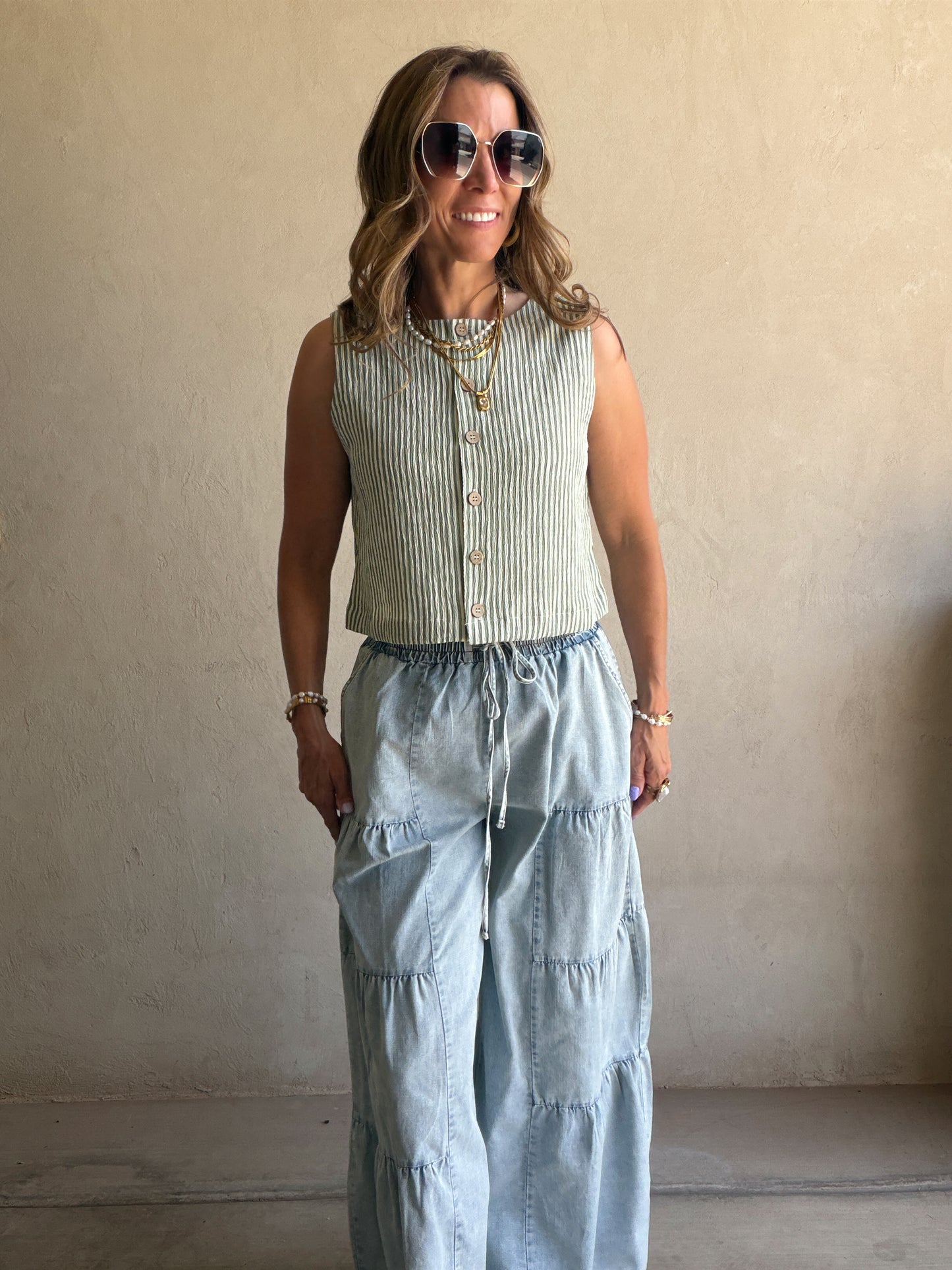 Melinda Tank in Sage & White