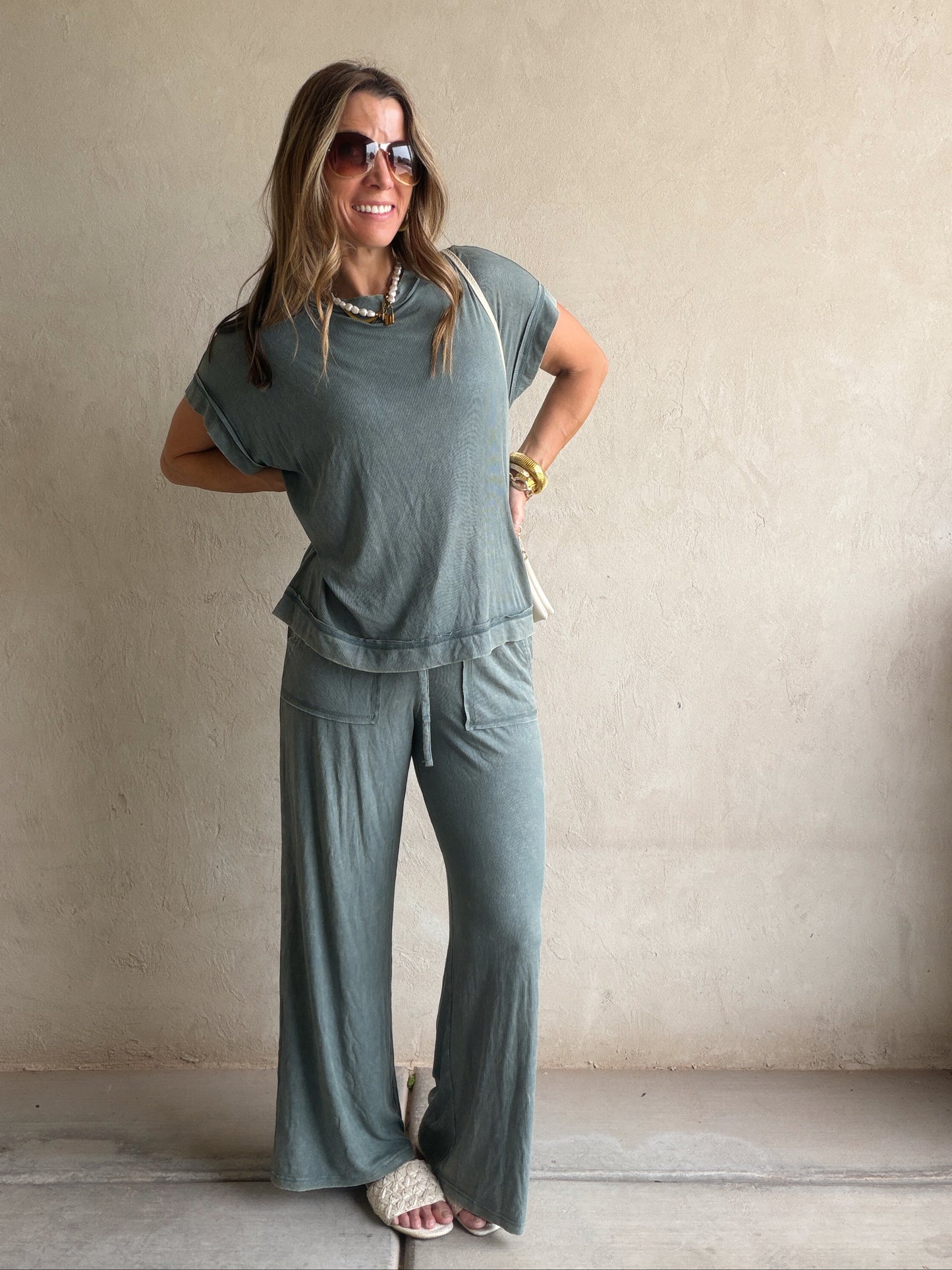 Raelyn Ribbed Mineral Washed Set in Ash Jade