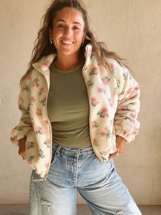 Quinn Sherpa Floral Jacket in Cream