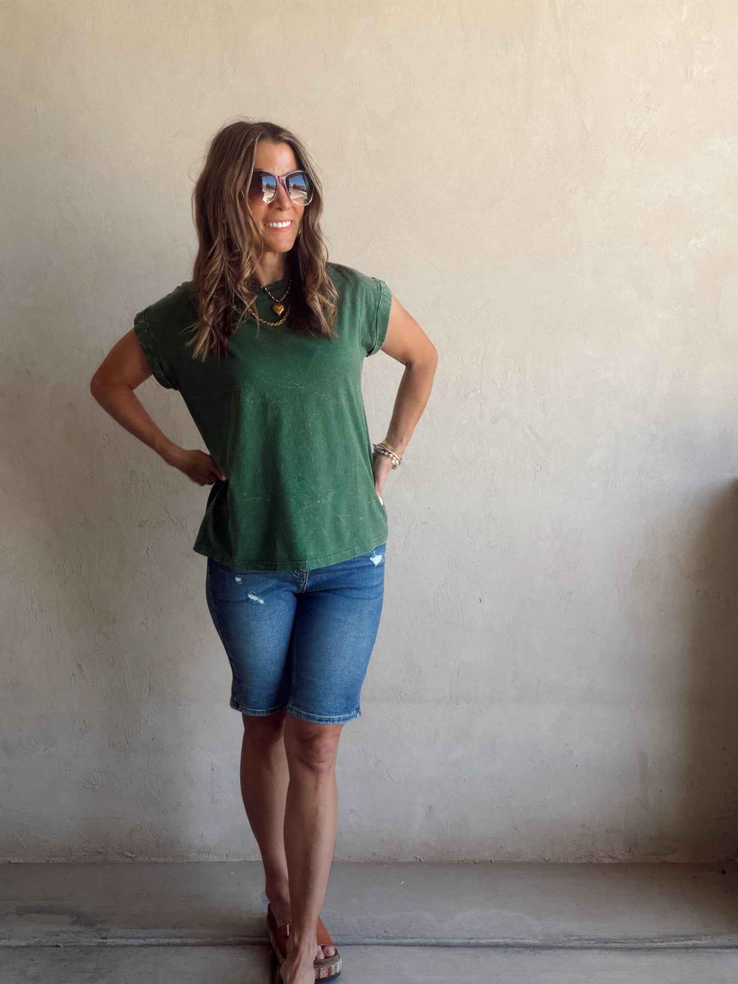 Amber Mineral Washed Top in Evergreen
