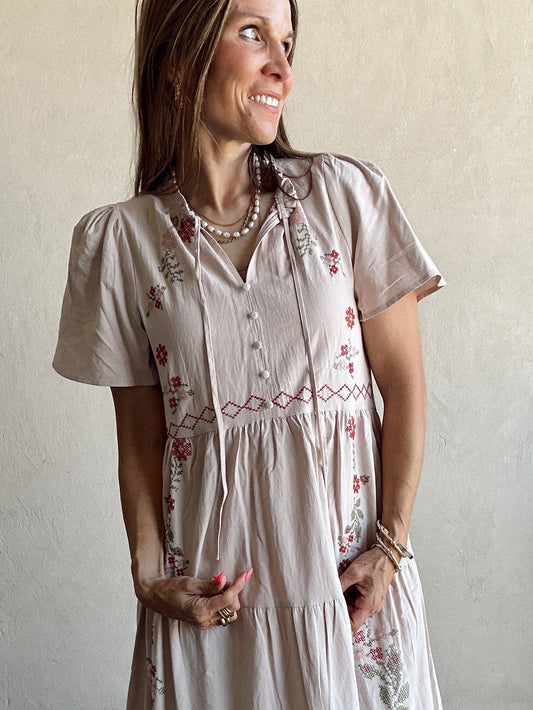 Ella Embroided Dress in Oatmeal