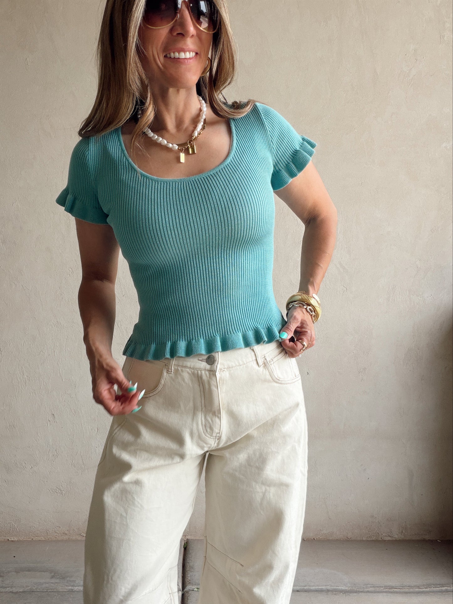 Rilee Ribbed Scoop Neck Top in Teal