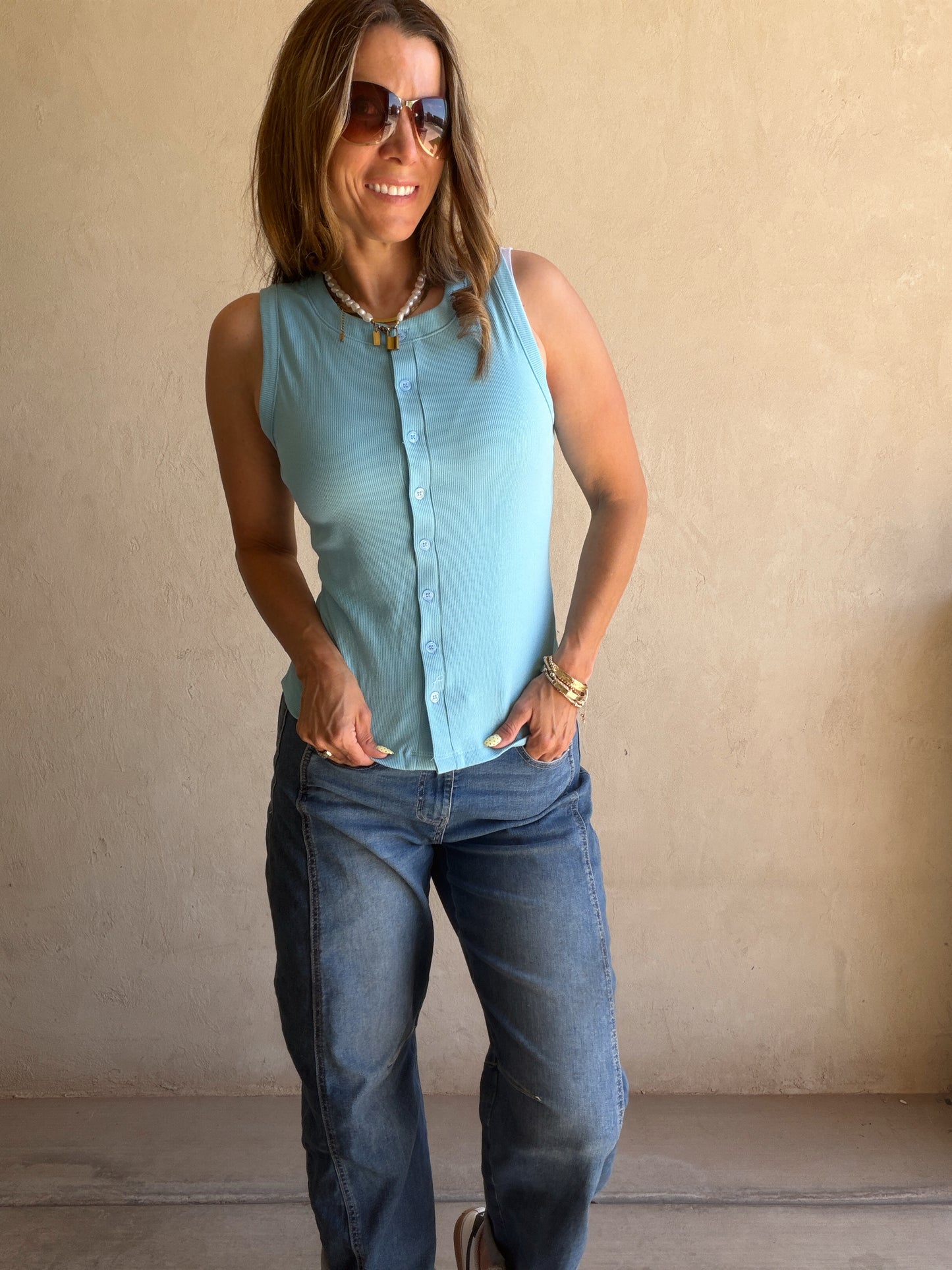 Whitney Ribbed Sleeveless Tank in Blue