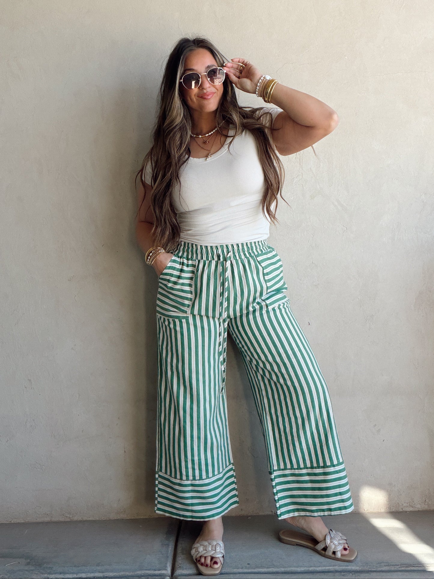 Kyla Drawstring Stripe Linen Pants in Green & Sand