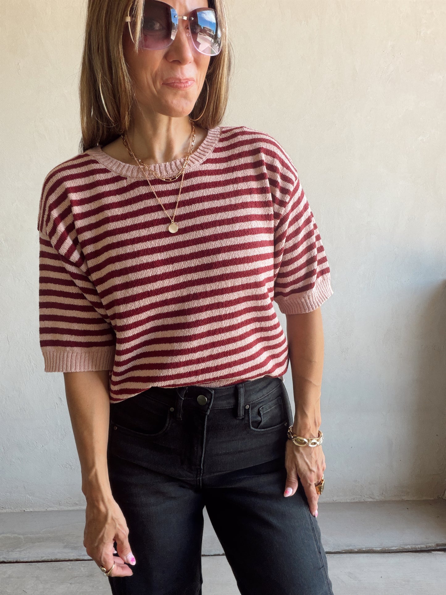 Emerald Striped Top in Mauve & Burgundy