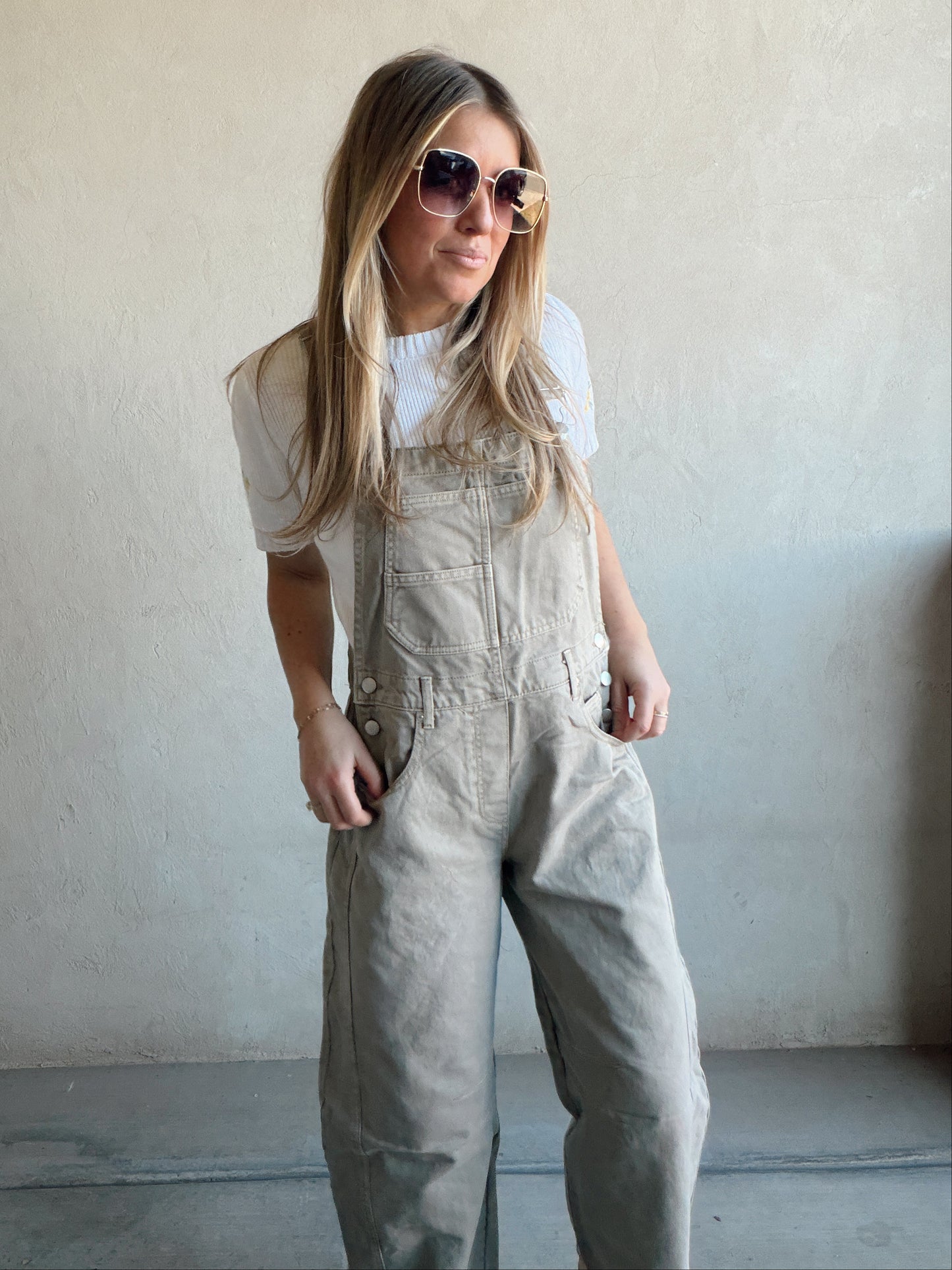 Tallie Barrel Overalls in Stone