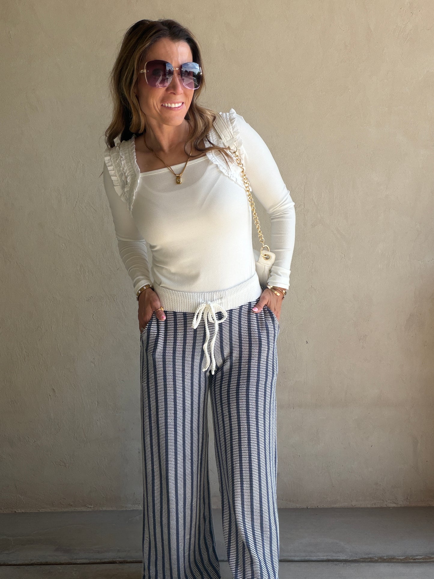 Andrea Ribbed Pants in Navy & Ivory