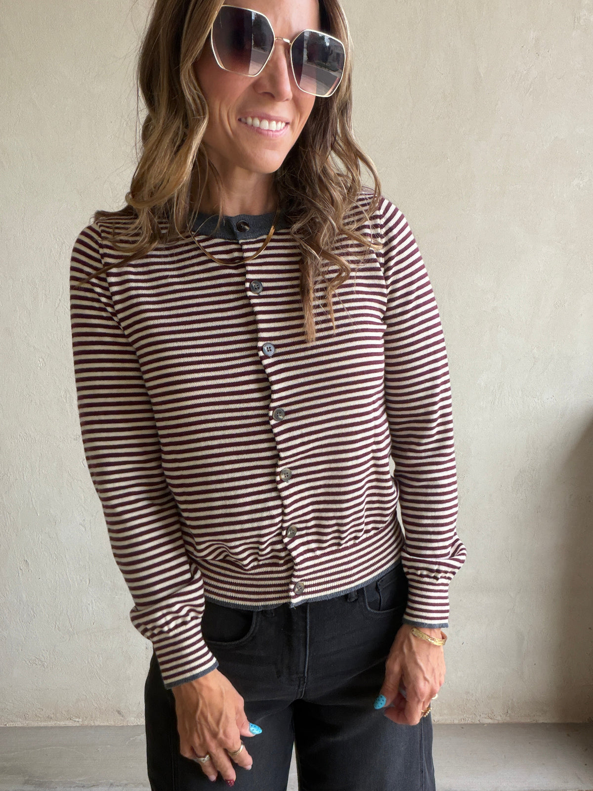 Adrianne Cardigan in Burgundy Stripe