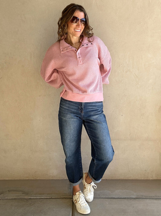Suzy Button Down Waffle Sweatshirt in Pink