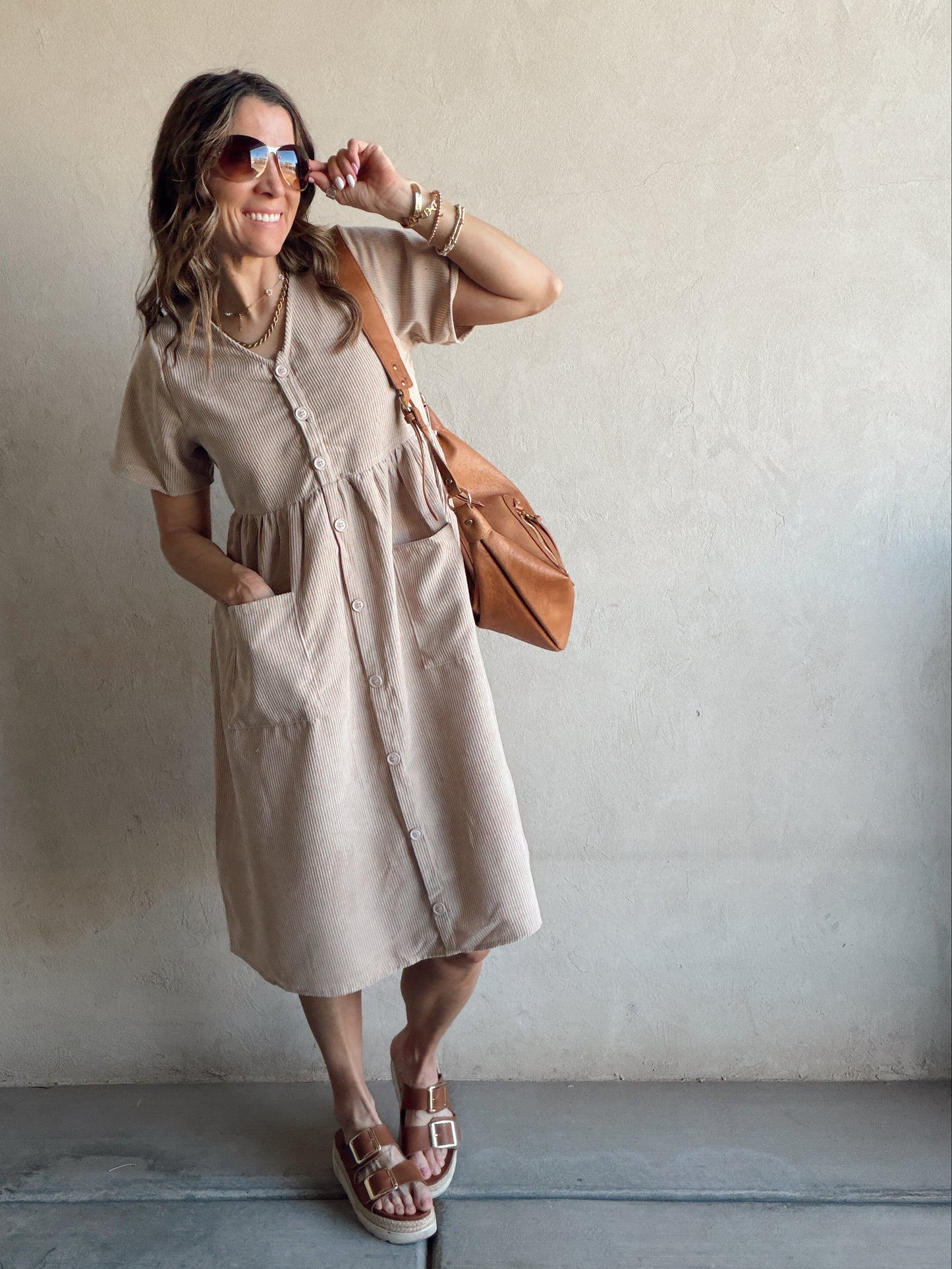 McKayla Corduroy Dress in Beige