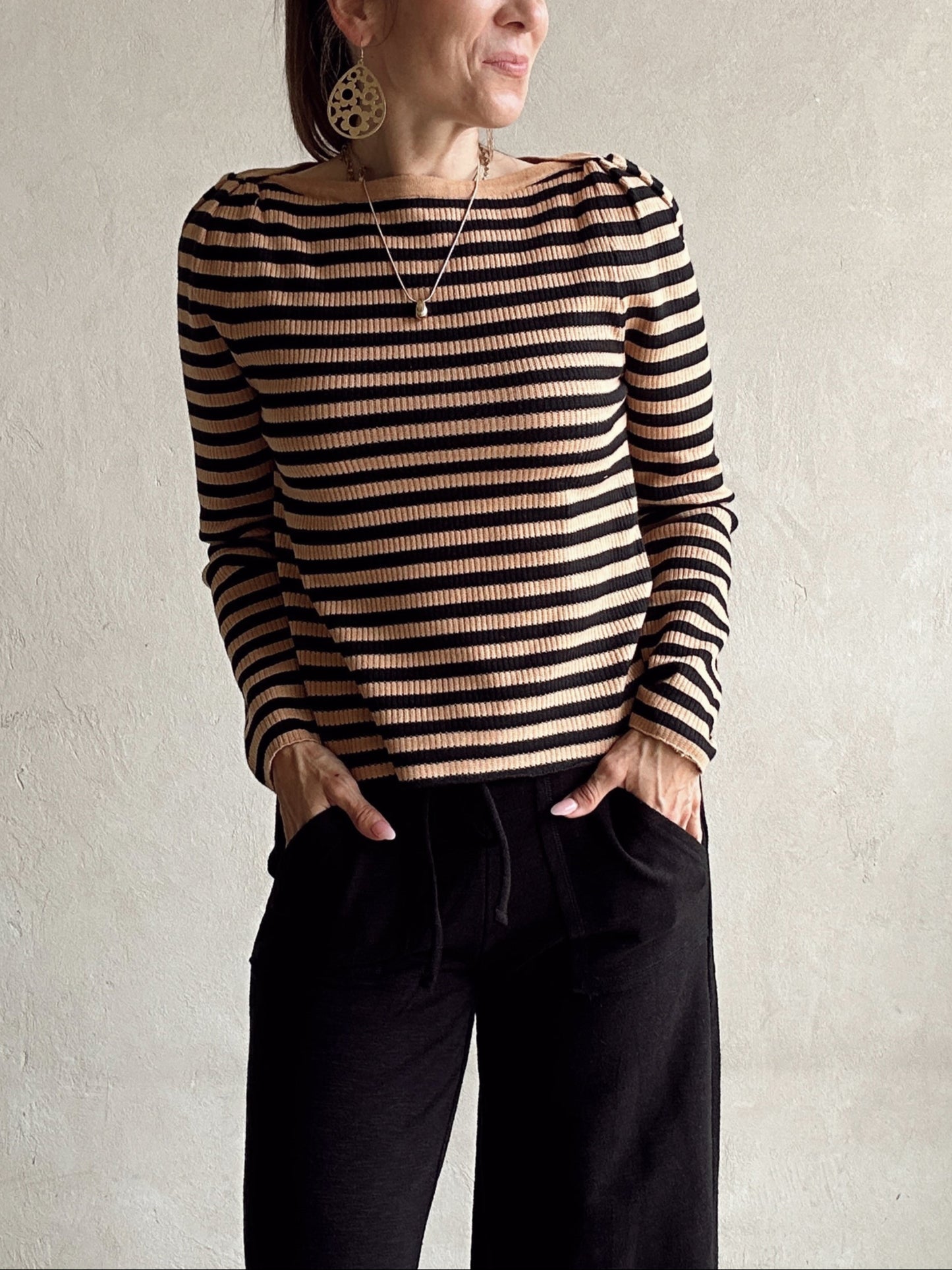 Sheila Striped Boatneck Top in Carmel & Black