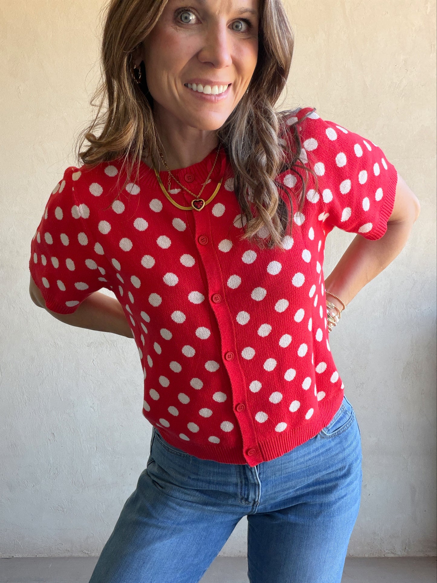 Polka Dot Cardigan in Red & Ivory