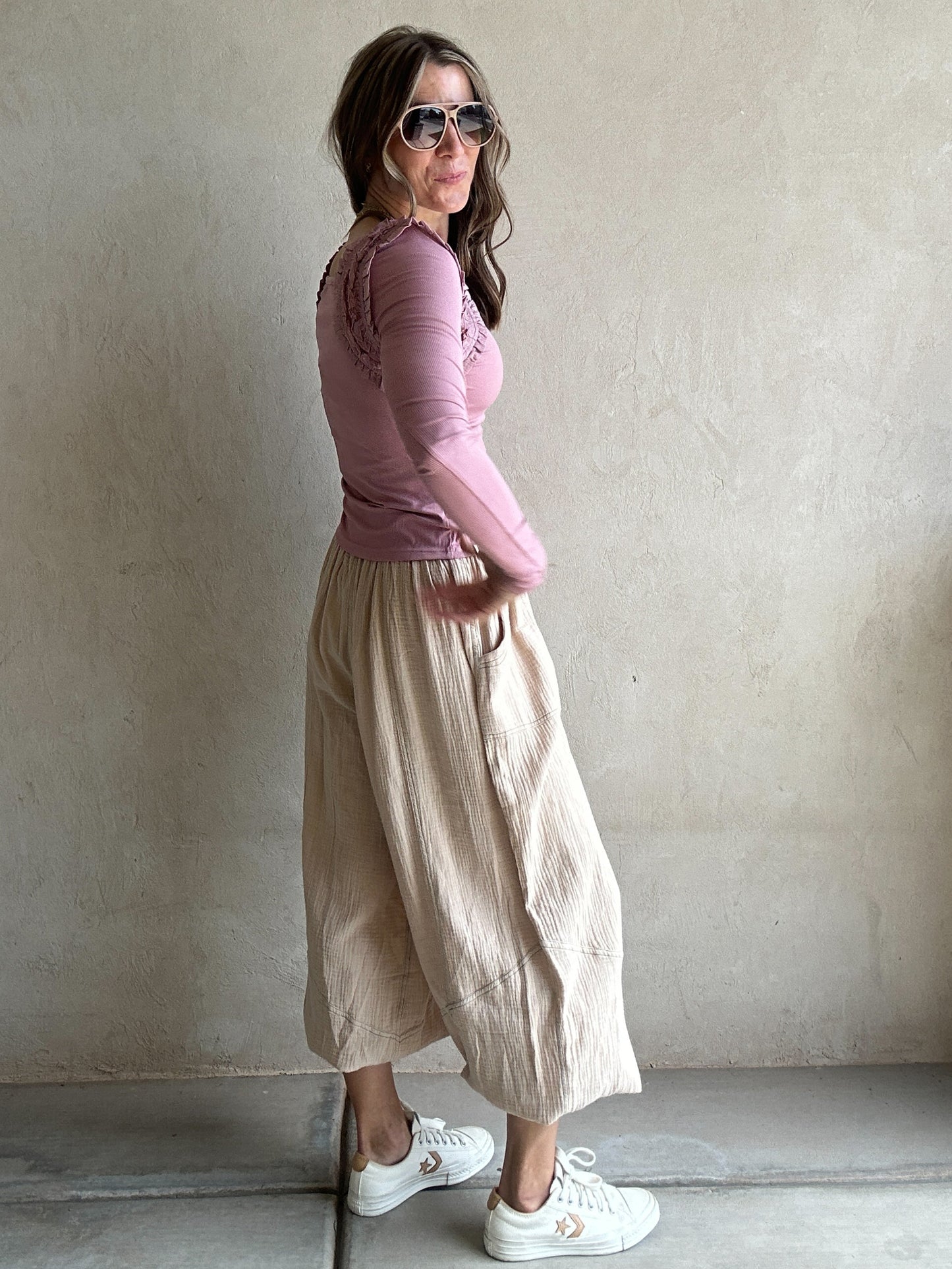 Tara Flowy Parachute Pants in Tan