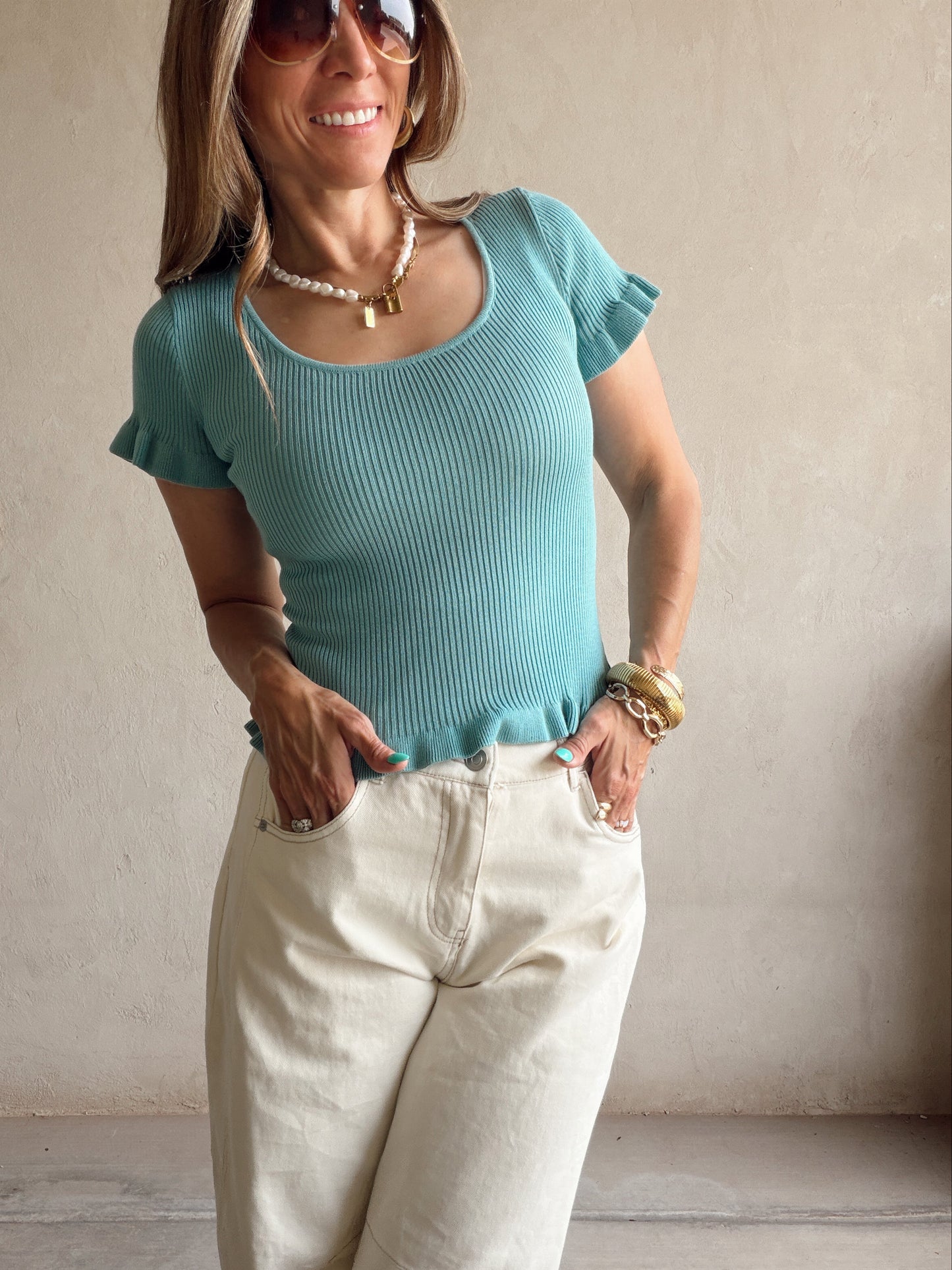 Rilee Ribbed Scoop Neck Top in Teal