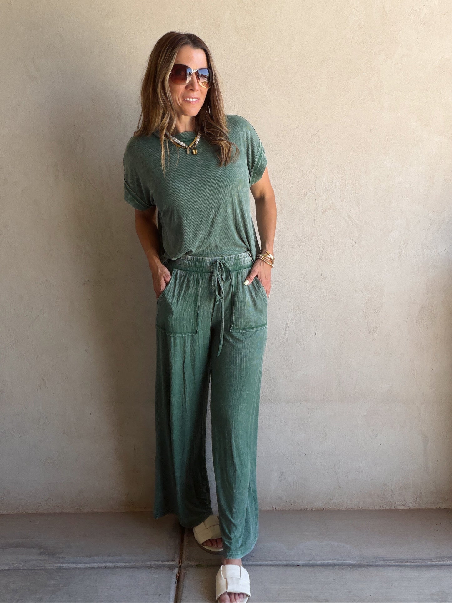 Raelyn Ribbed Mineral Washed Set in Green