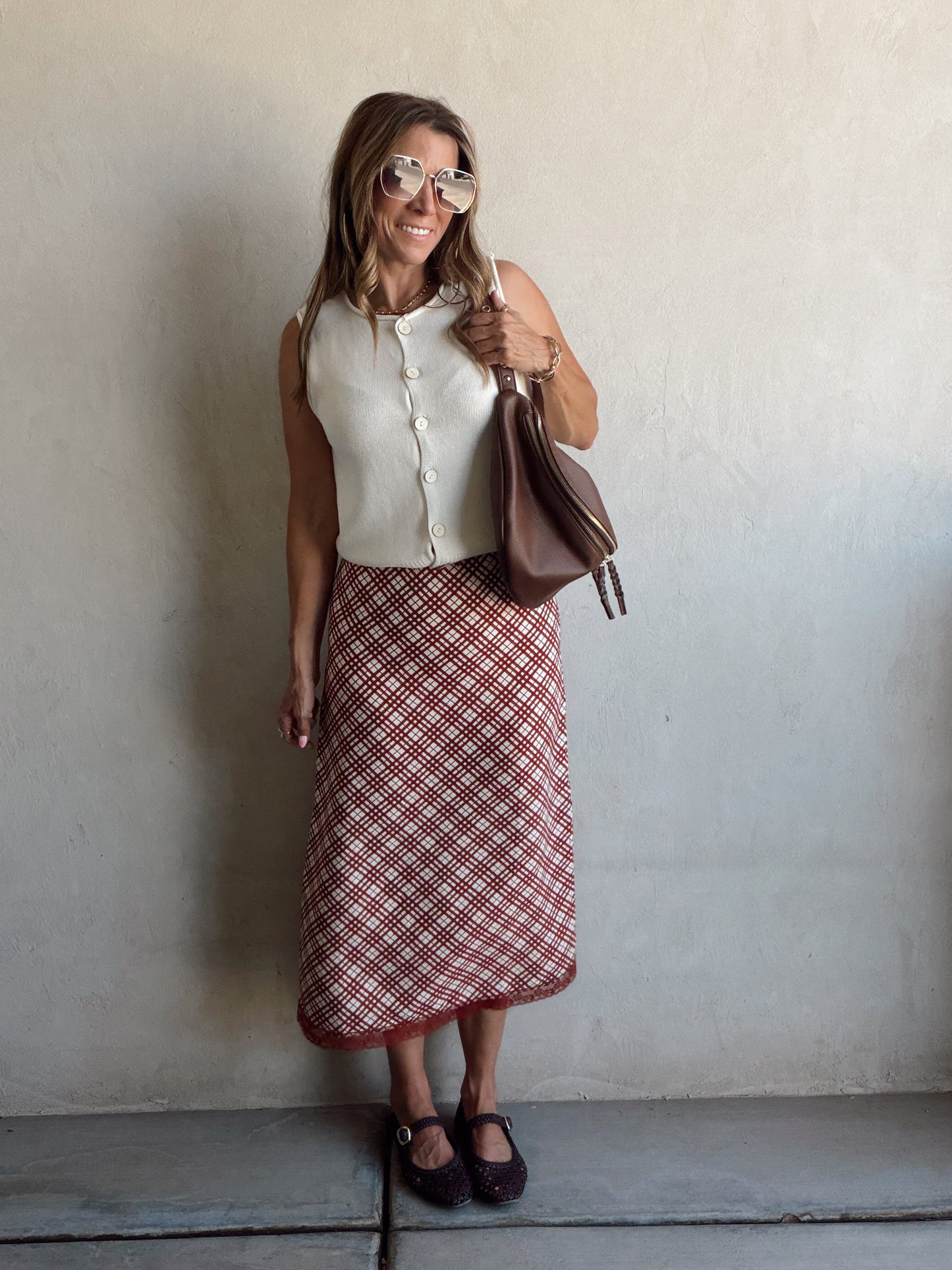 Plaid Skirt in Burgundy & Cream