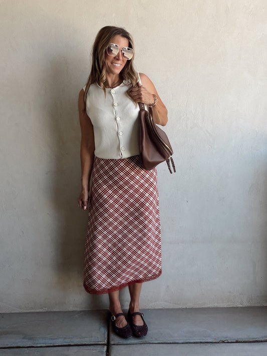 Plaid Skirt in Burgundy & Cream