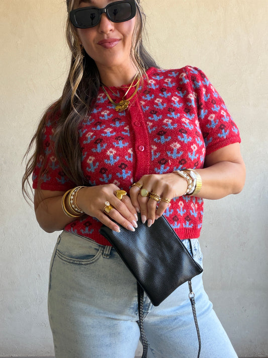 Maddy Button Down Cardigan in Red & Blue