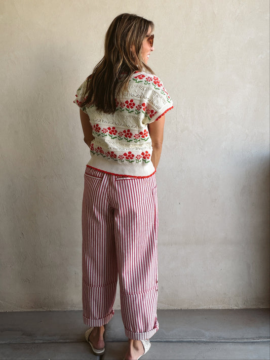 Striped Barrel Pant in Red