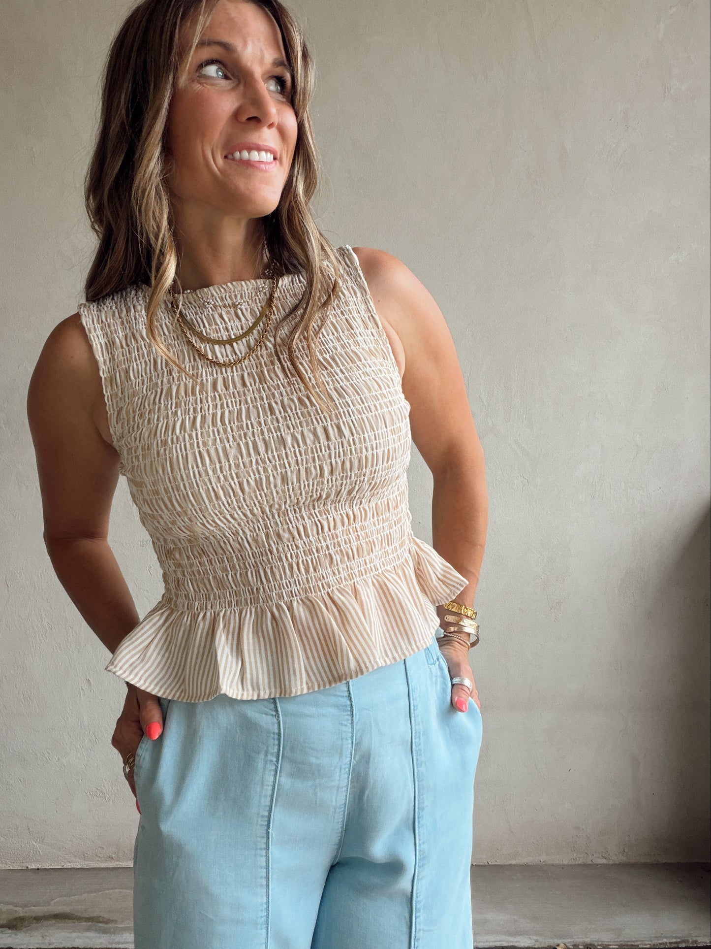 Miranda Sleeveless Tank in Taupe & Ivory