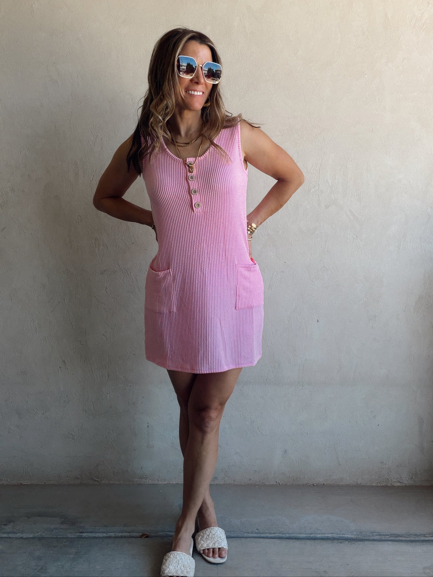 Naomi Ribbed Dress in Bubblegum Pink