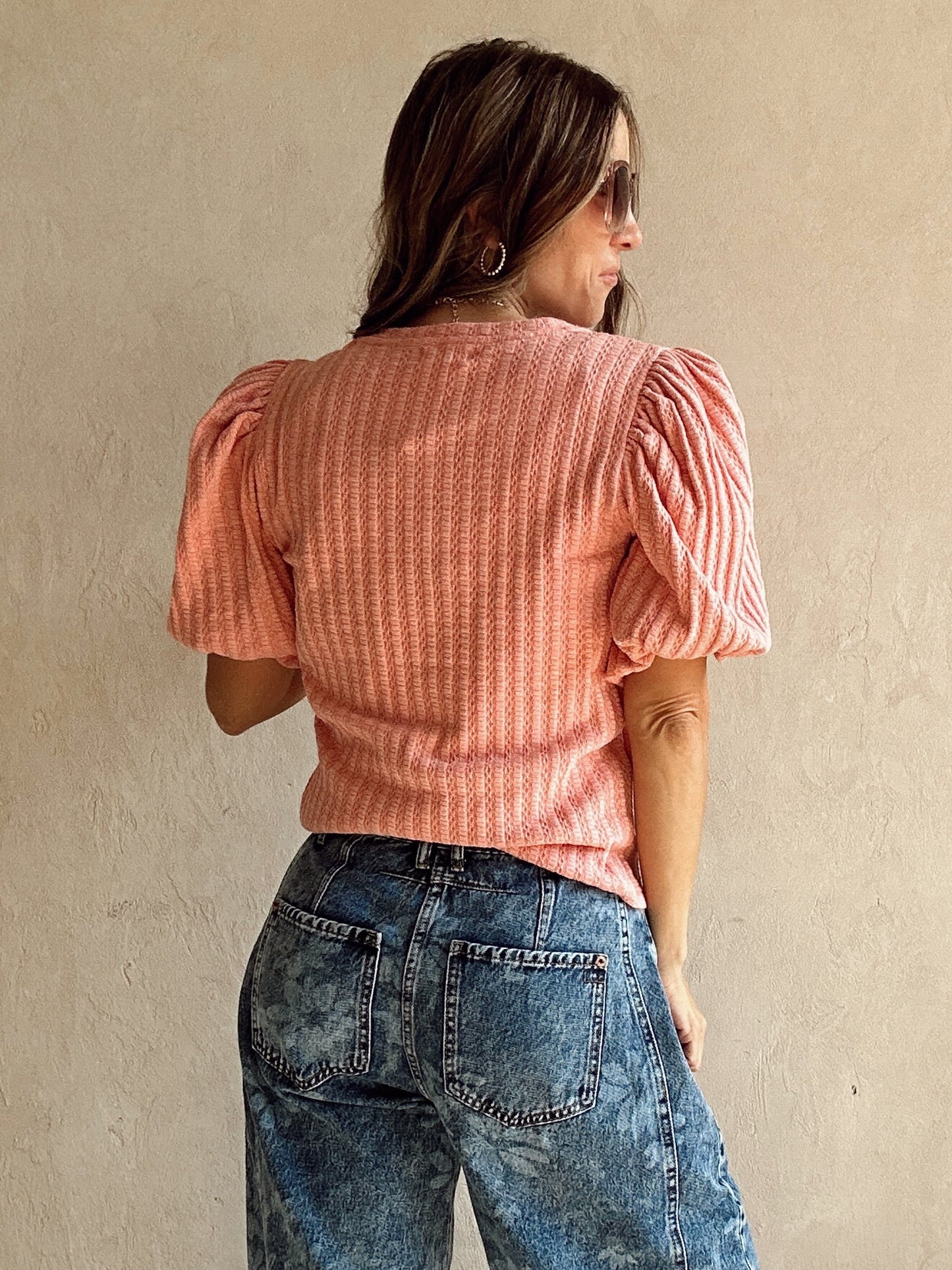 Annie Wear Textured Puff Sleeve Top in Rose
