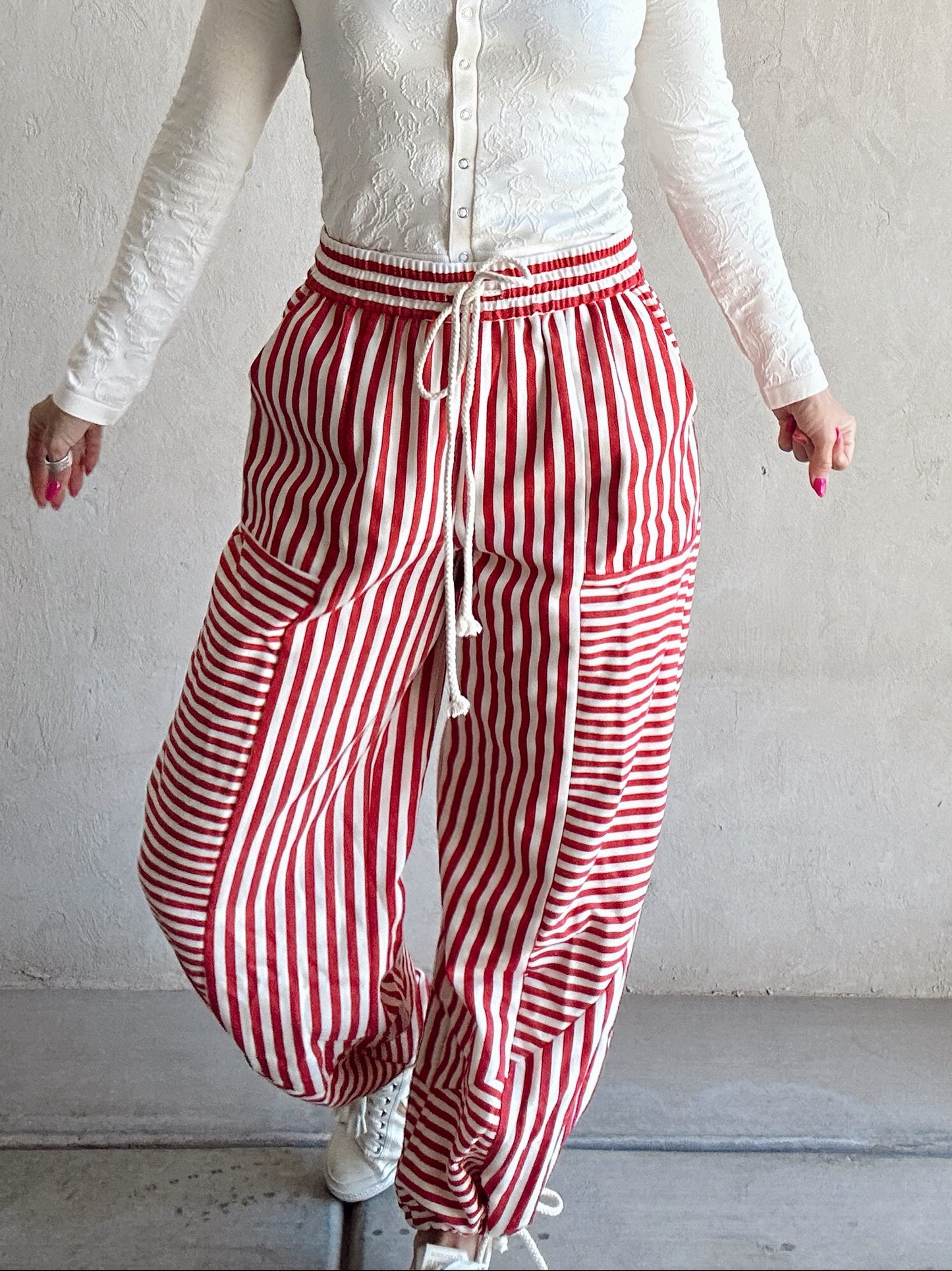 Ella Parachute Striped Pants in Red & Ivory