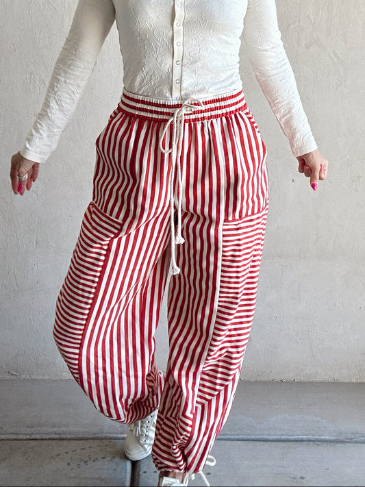 Ella Parachute Striped Pants in Red & Ivory